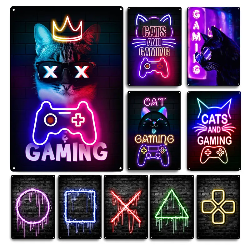 Retro Gaming Cafe - علامة قصدير عتيقة لقطط الألعاب ،